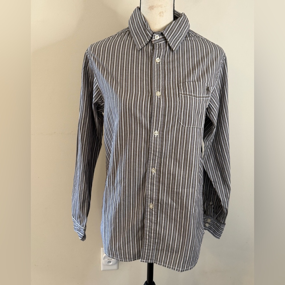 Red Camel cotton striped button up brown cream blue neutral colors left pocket L